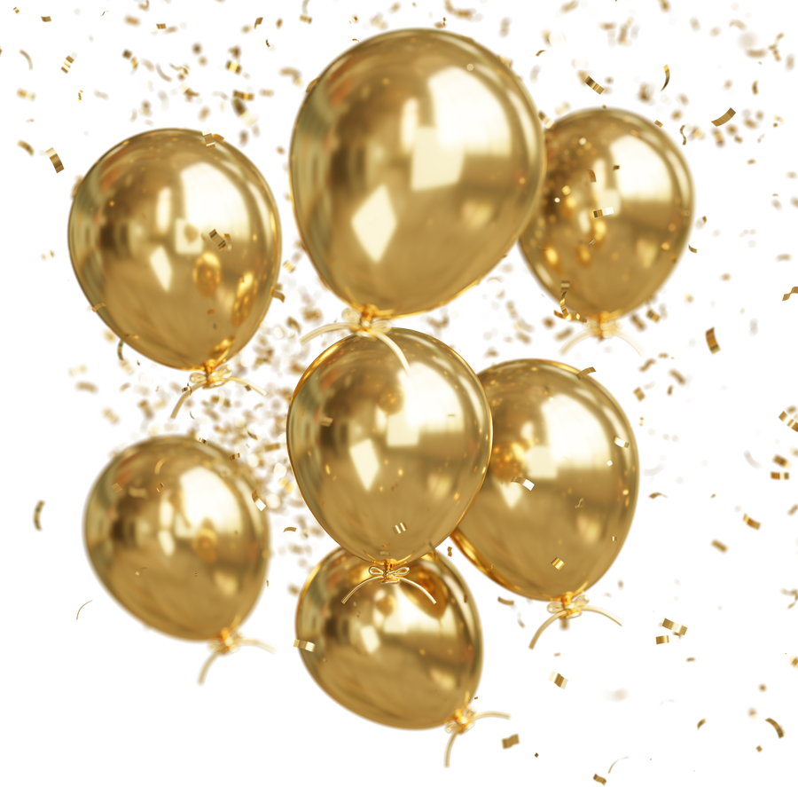 golden balloons floating with confetti.